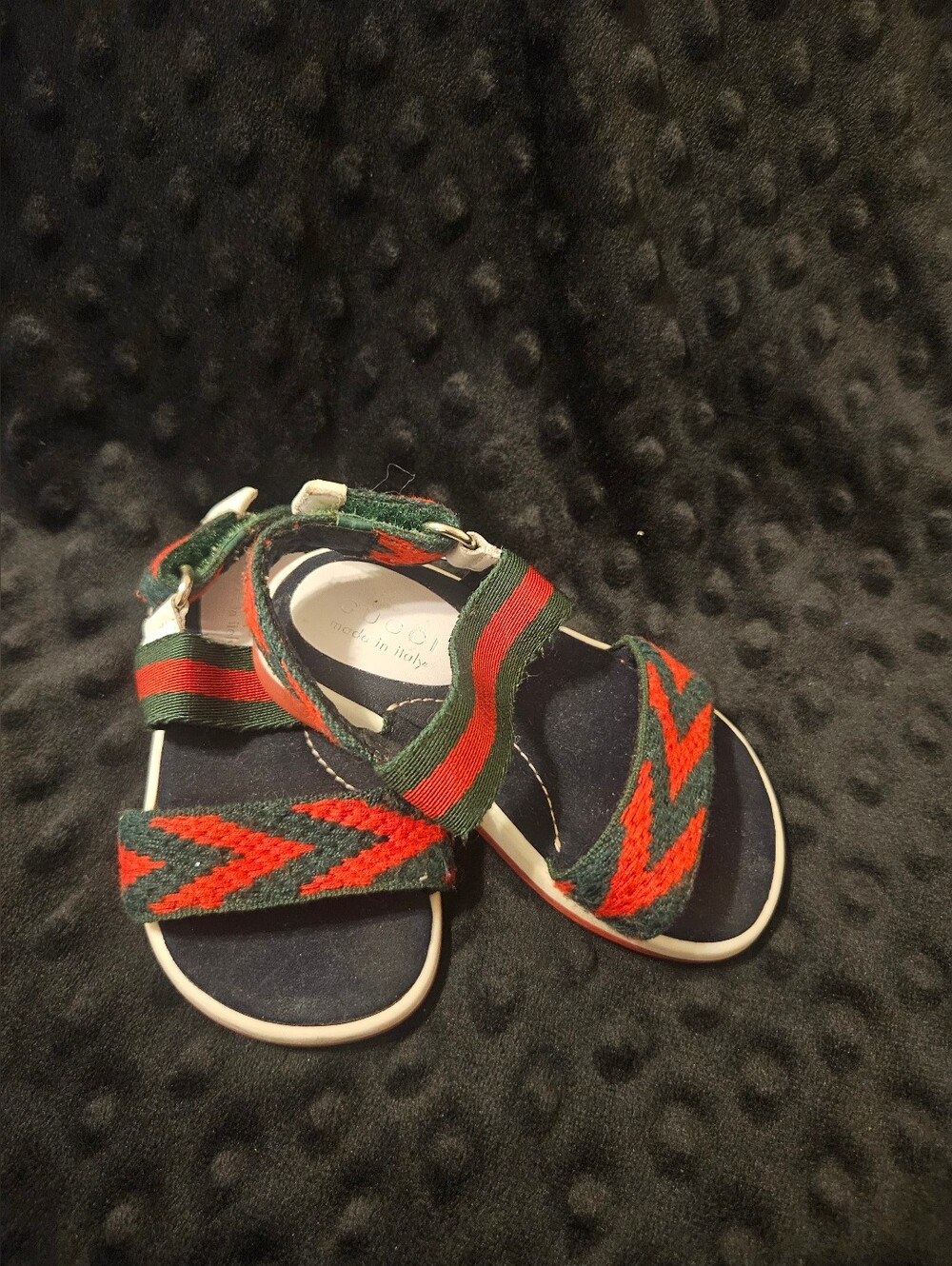 Gucci Kids Navy Sandals with Red & Green Striped Webbing